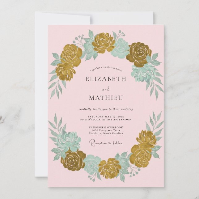 Ochre Seafoam Wreath Wedding Invitation (Front)