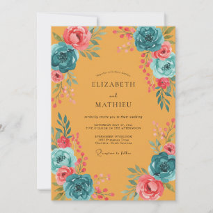 Ochre Teal Bloom Wedding Invitation