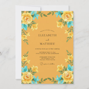 Ochre Turquoise Ranunculus Eucalyptus Wedding Invitation