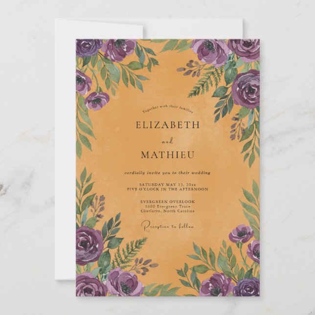 Ochre Violet Leafy Wedding Invitation (Front)