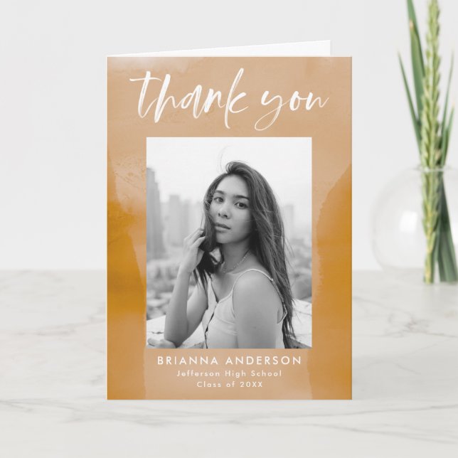 Ochre Watercolor Wash Photo Graduation Thank You Card (Front)