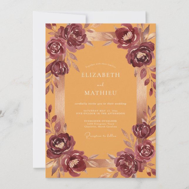 Ochre Wine Ranunculus Eucalyptus Wedding Invitation (Front)