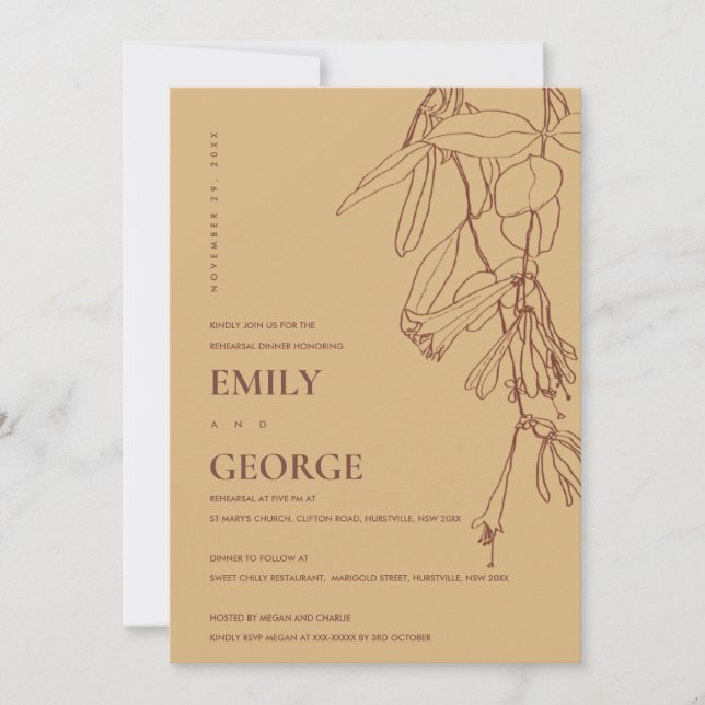 OCHRE YELLOW DRAWING FLORA REHEARSAL DINNER INVITE (Front)