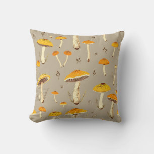 Ochre Yellow Mushroom Whimsical Woodland Botanical Cushion