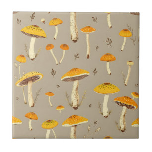 Ochre Yellow Mushroom Whimsical Woodland Botanical Tile