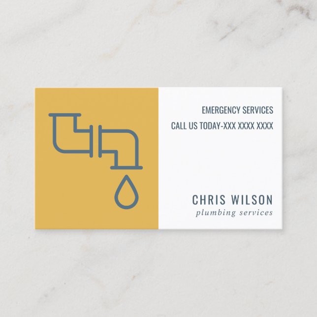 OCHRE YELLOW NAVY PLUMBER SERVICE PIPES PLUMBING BUSINESS CARD (Front)
