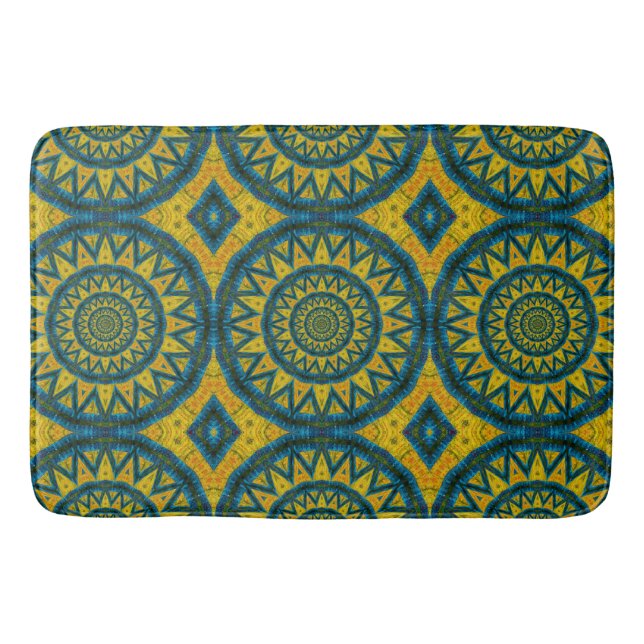   Ochre Yellow & Turquoise Blue Sun Pattern Tribal Bath Mat (Front)