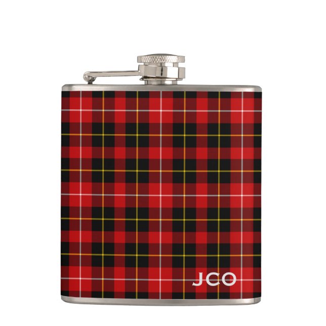 O'Connell Tartan Monogram Red and Black Plaid Hip Flask (Front)