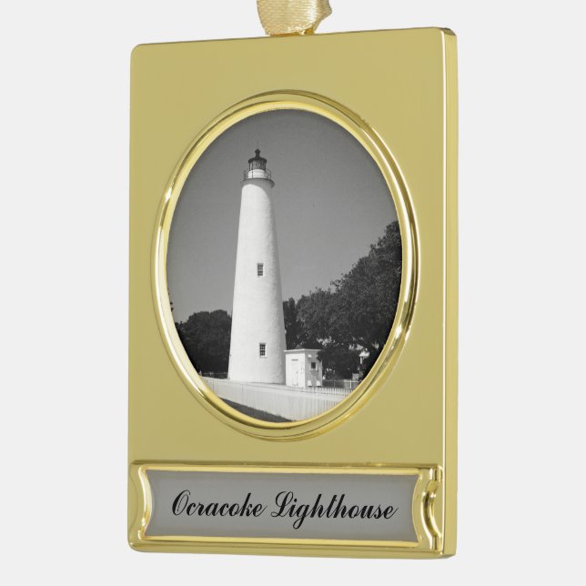 Ocracoke Lighthouse Gold Plated Banner Ornament (Left)