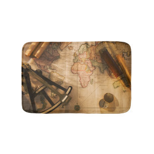 Octant, Compass And Telescope On Nautical Map Bath Mat