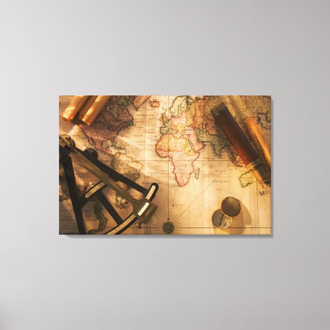 Octant, Compass And Telescope On Nautical Map Canvas Print (Front)
