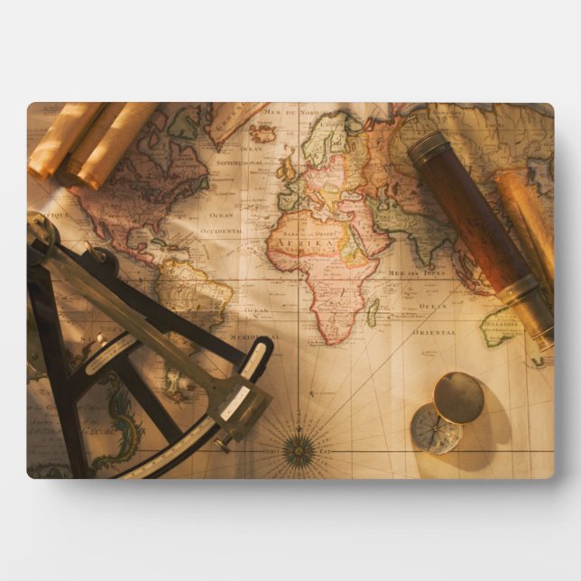 Octant, Compass And Telescope On Nautical Map Plaque (Front)