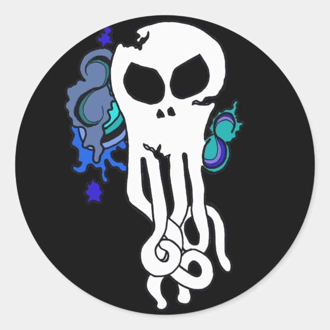 Octo skull blue classic round sticker (Front)