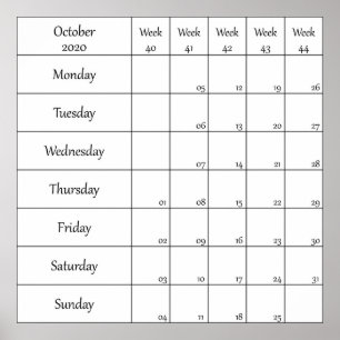 october 2020 planner calendar with week number poster