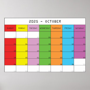 October 2025 colour days calendar planer poster