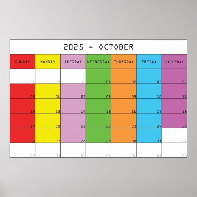 October 2025 colour days calendar planer poster (Front)
