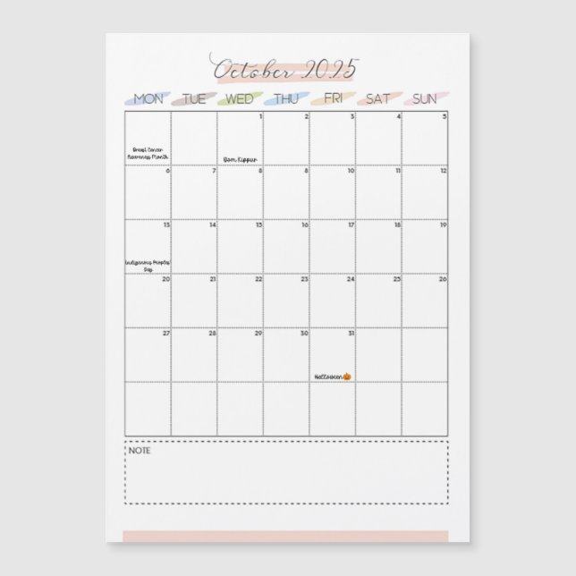 October 2025 Magnetic Calendar (Front)