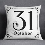 October 31st Black and White Halloween Typography Cushion<br><div class="desc">Celebrate Halloween in style with this "31 October" throw pillow featuring simple decorative black lettering,  a spooky spider accent,  along with a scroll and star border on a white background.</div>