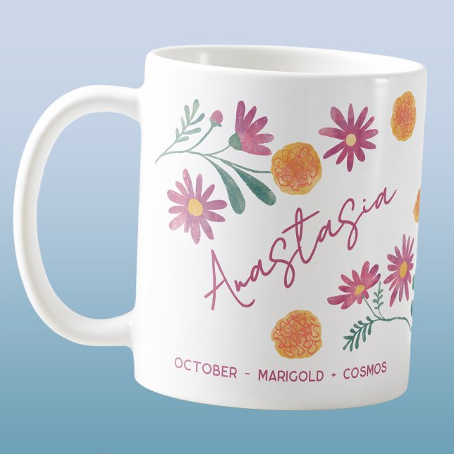 October Birth Flower Custom Name Marigold Cosmos Coffee Mug (October birth month flower personalized custom name marigold cosmos coffee mug gift)