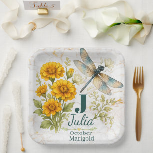 October Birth Flower Marigold & Dragonfly Paper Plate