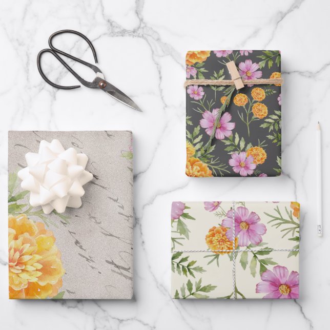 October Birth Month Flowers Marigold Cosmos Wrapping Paper Sheet (Front)