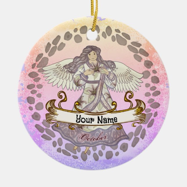 October Birthday Angel Ceramic Tree Decoration (Front)