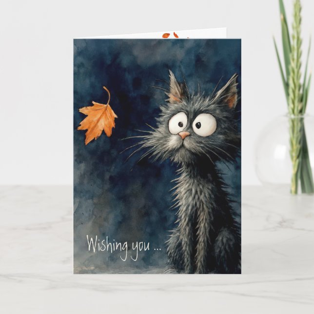 October Birthday Cat With Autumn Leaf Card (Front)