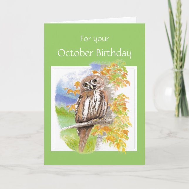 October Birthday, Fall Owl Bird Card (Front)