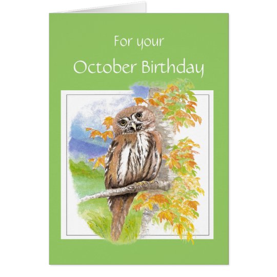 October Birthday, Fall Owl Bird Card