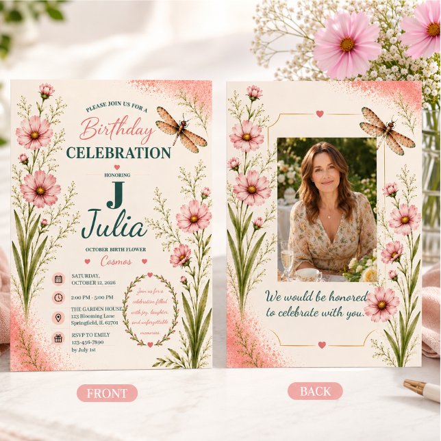 October Cosmos Dragonfly Birthday Invitation (Creator Uploaded)
