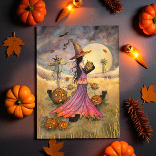 October Fields Halloween Witch and Cats Fantasy Card