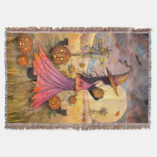 October Fields Witch Cat Halloween Art Throw Blanket