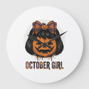 October Girl Pumpkin Bow Halloween Vector Design_1 Large Clock