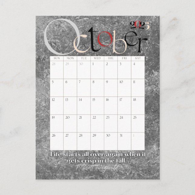 October Grey Modern Monthly Calendar 2025 Postcard (Front)