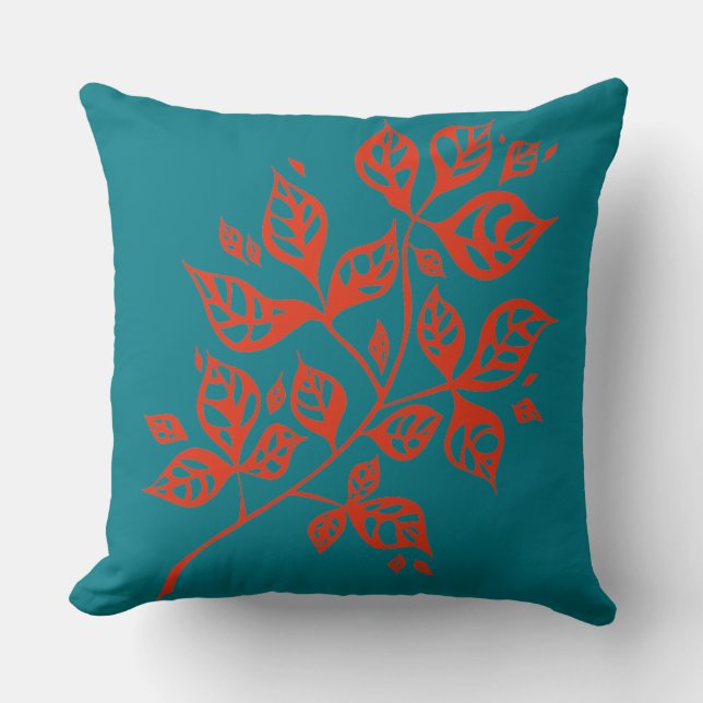 October Leaves Large Throw Cushion - Orange & Teal (Front)