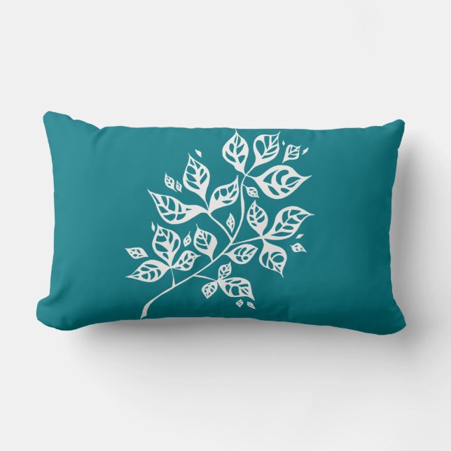 October Leaves Small Throw Cushion – White & Teal (Front)