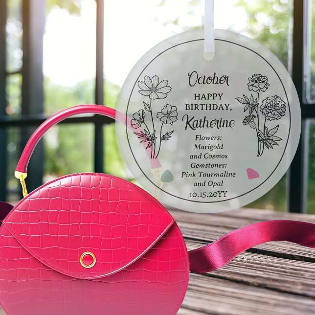 October Marigold and Cosmos Birthday Keepsake Glass Tree Decoration (October Marigold and Cosmos Floral | Pink Tourmaline Opal Gemstone Birthday Keepsake Glass Ornament)