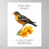 October Marigold Flower and Bird Birth