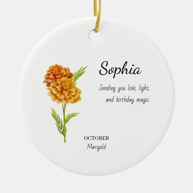 October Marigold Personalised Birthday Ceramic Tree Decoration (Front)