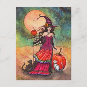 October Moon Witch Cat Halloween Fantasy Art Postcard