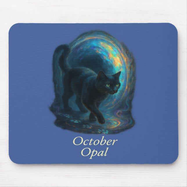 October Opal – Black Cat & Iridescent Portal  Mouse Mat (Front)