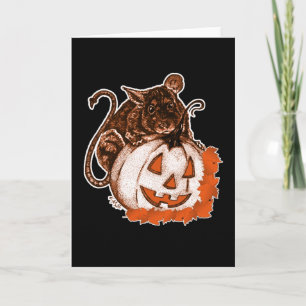 October Orange Cute Rat on Pumpkin Halloween Card