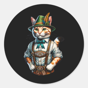 October Party Cat Funny German Bavarian Lederhosen Classic Round Sticker