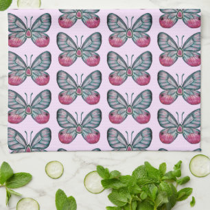 October Pink Glasswing Butterfly Pattern Design Tea Towel