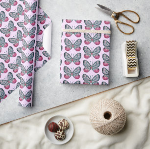 October Pink Glasswing Butterfly Pattern Design Wrapping Paper