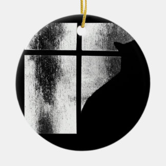 October Showers Black Cat Silhouette At Window BW Ceramic Tree Decoration