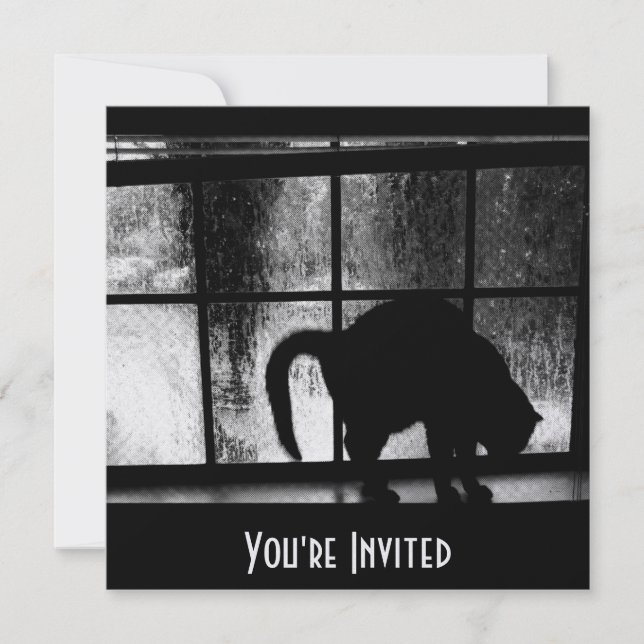 October Showers Cat Silhouette At Window 2 B&W Invitation (Front)