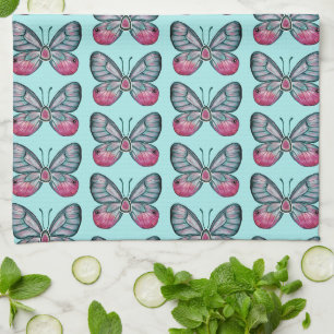 October Teal Glasswing Butterfly Pattern Design Tea Towel