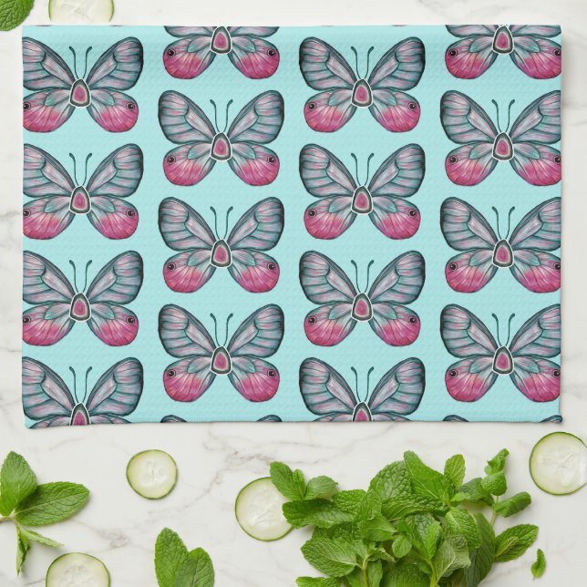 October Teal Glasswing Butterfly Pattern Design Tea Towel (Folded)
