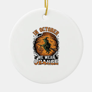 October We Wear Orange Flying Witch Pumpkins Black Ceramic Tree Decoration